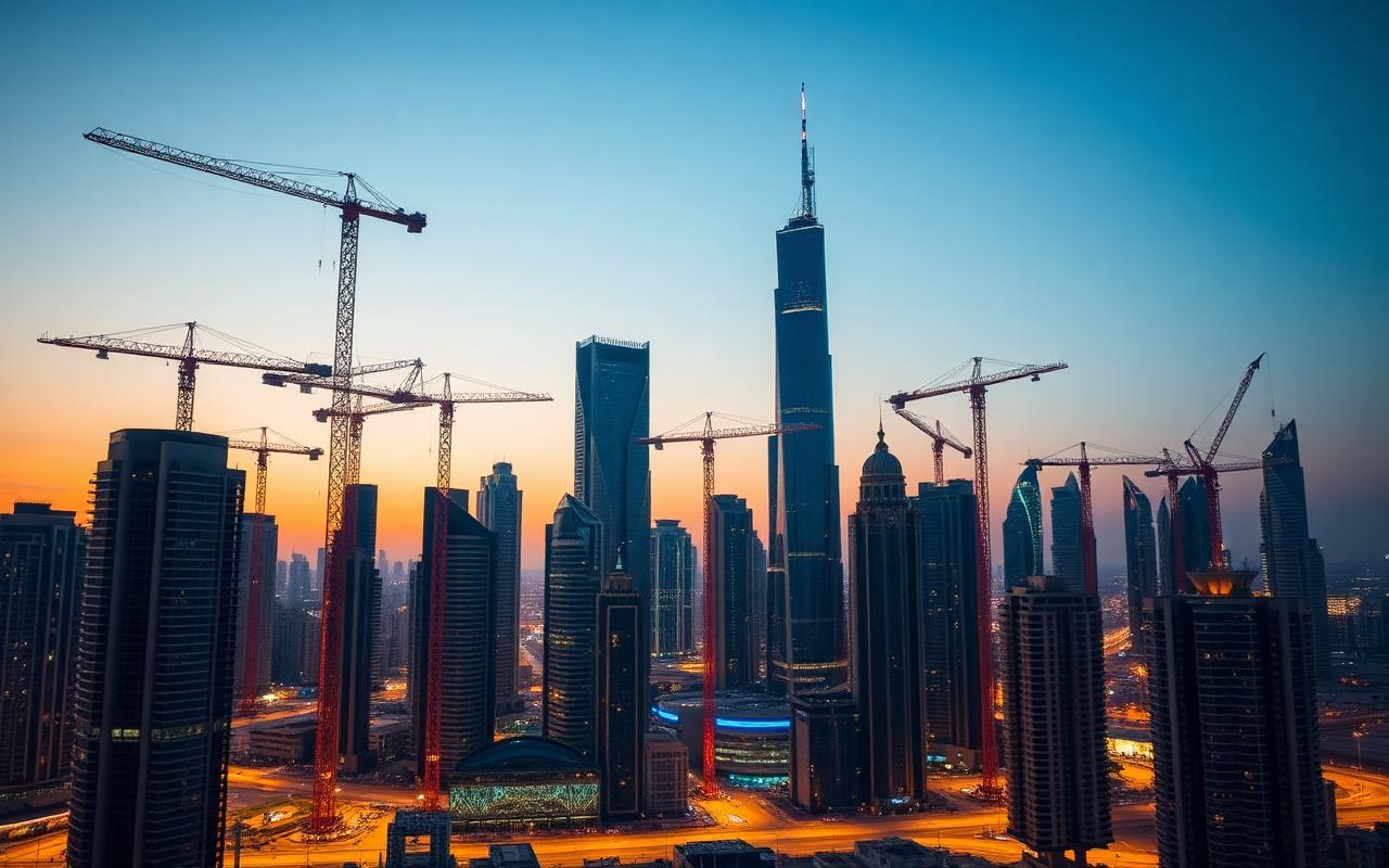 Dubai skyline with construction cranes at sunset