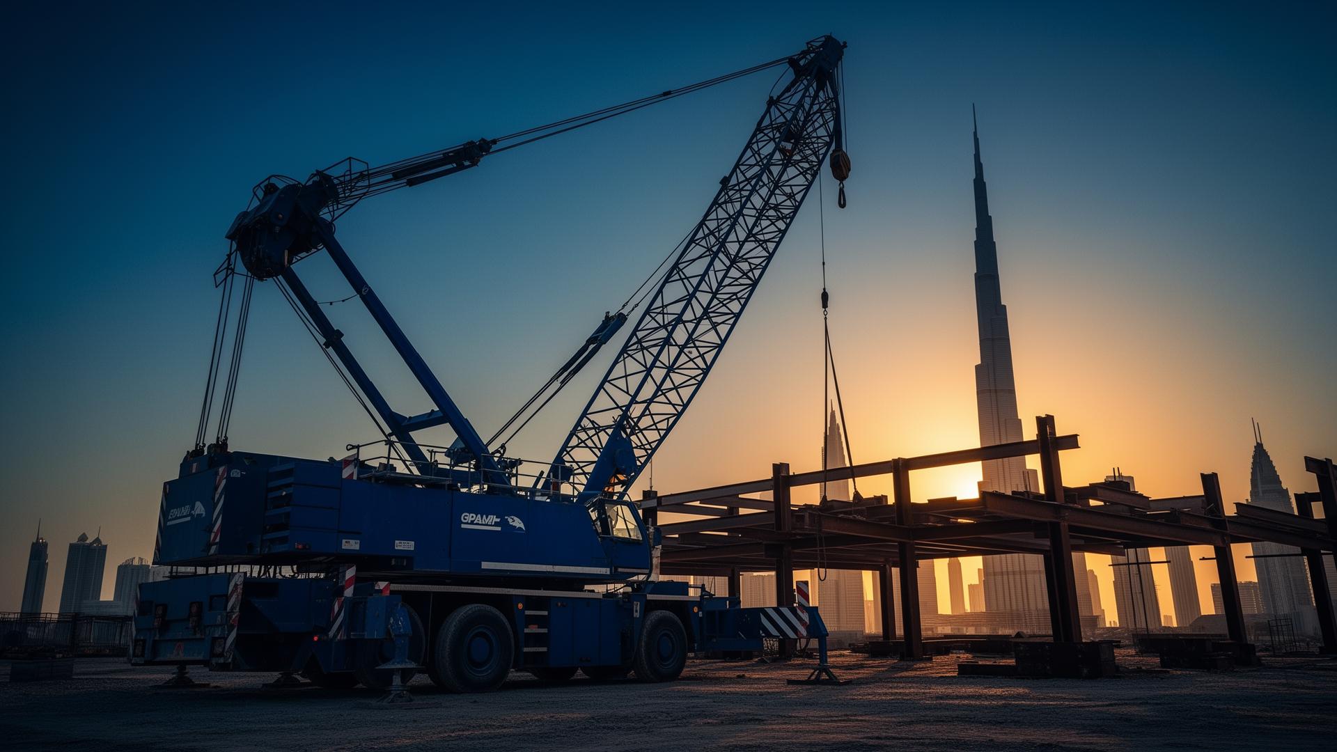 Crane lifting steel beams against the Dubai skyline at sunset